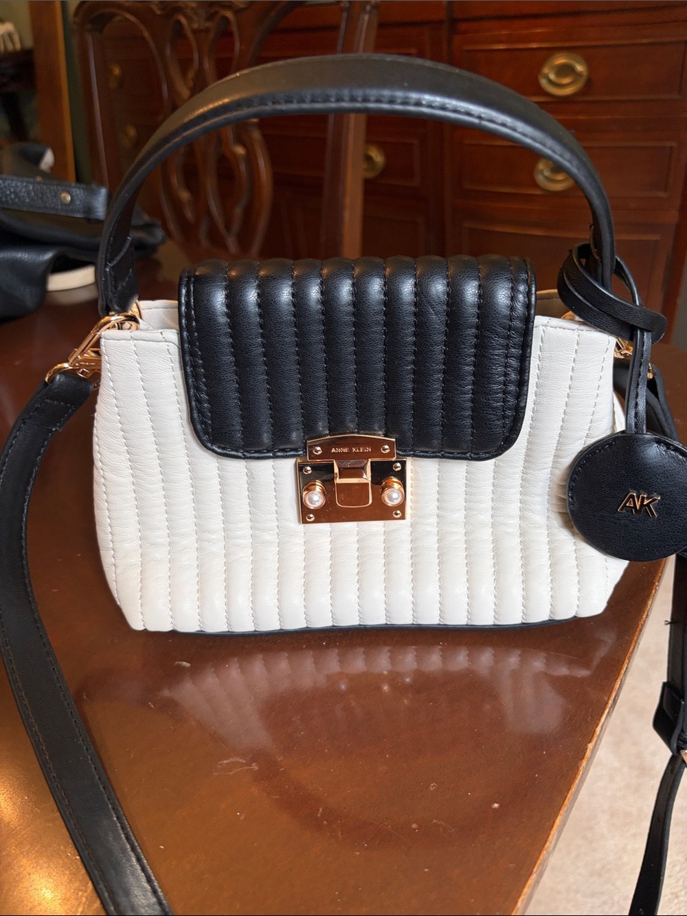 Anne Klein Black and White Quilted Top Handle Satchel